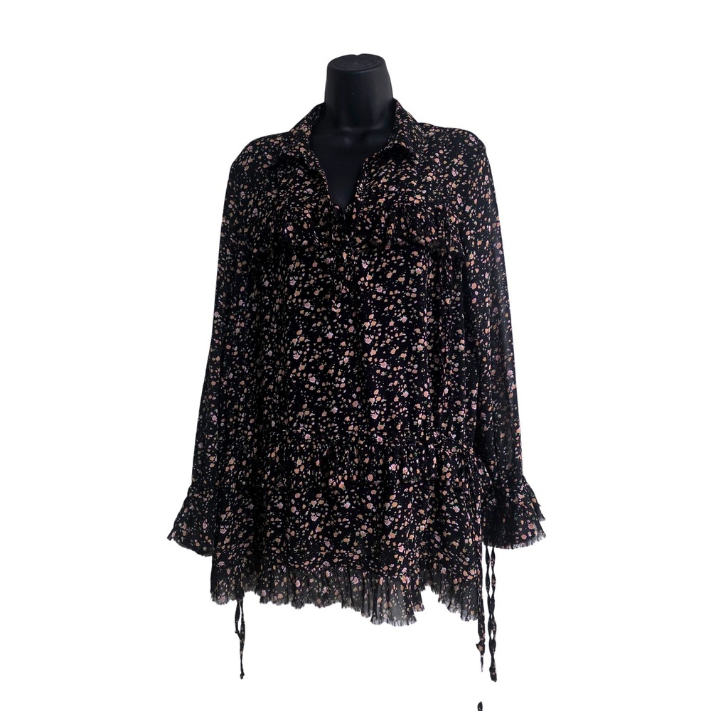 Buffalo David Bitton Womens Floral Ruffle‎ Tunic Top Black Pink Orange Large